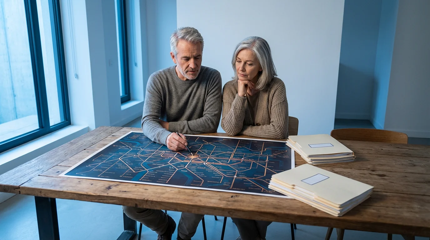 A mature couple at a table thoughtfully examining a complex, abstract map together.