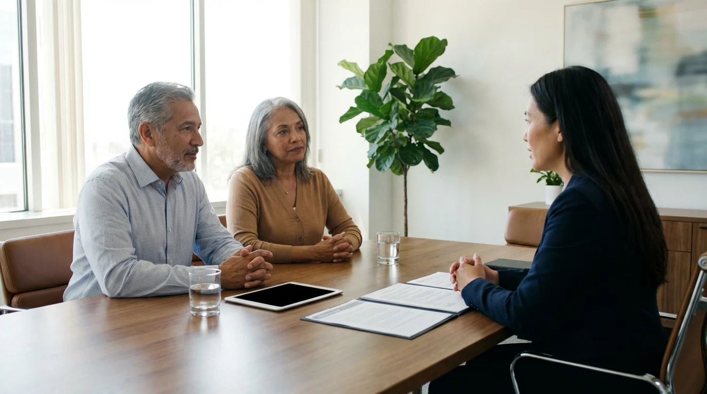 A mature couple in a wide, sunlit office consulting with a financial professional.