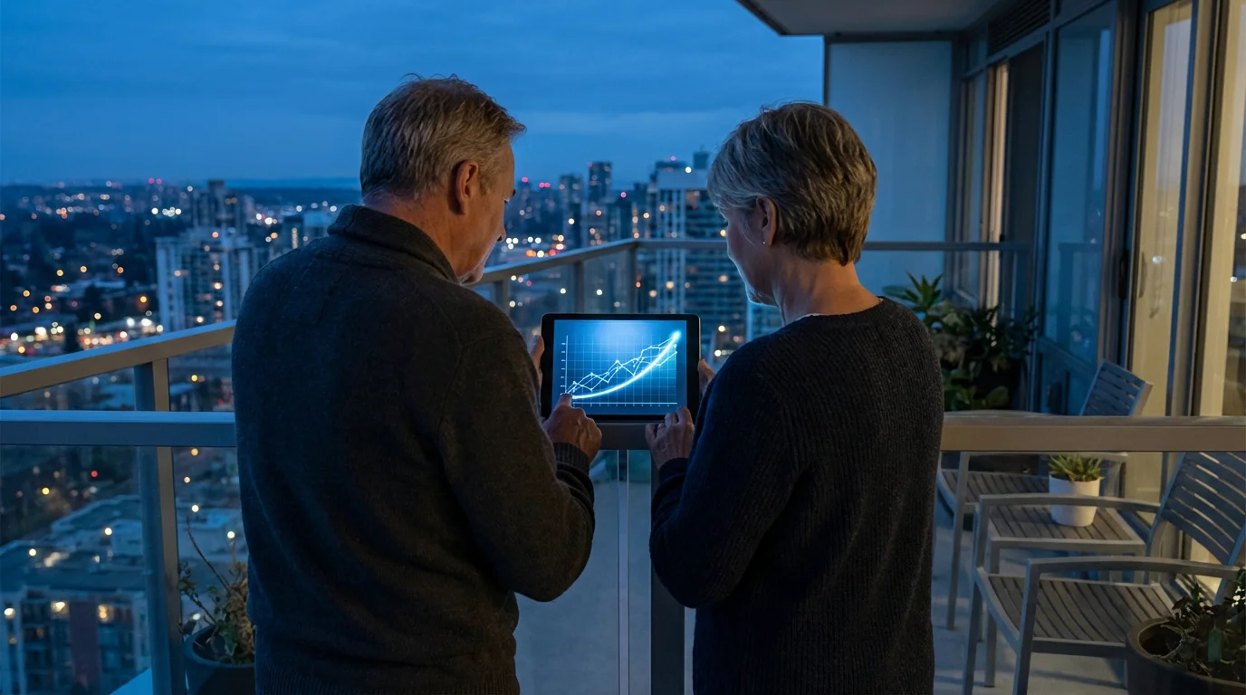A mature couple on a city balcony at dusk reviews a financial growth chart.