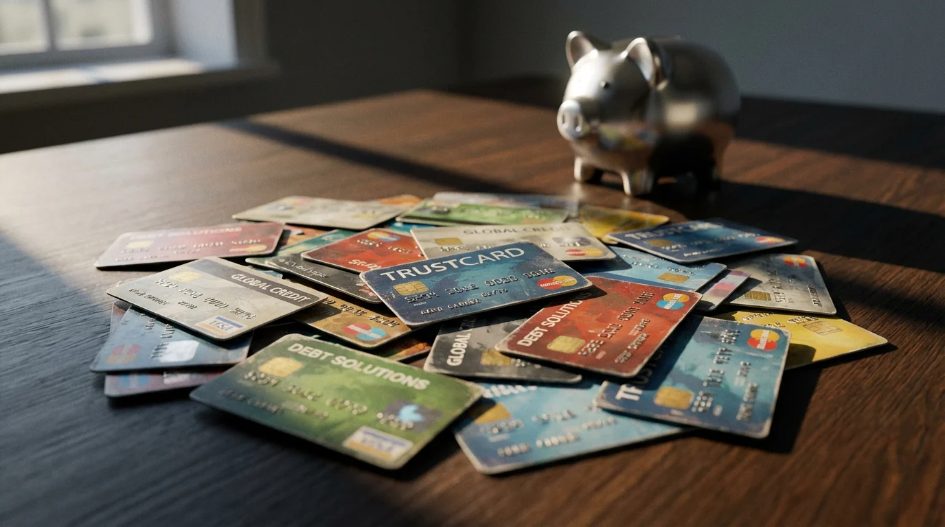 A messy pile of old credit cards on a table representing debt consolidation.