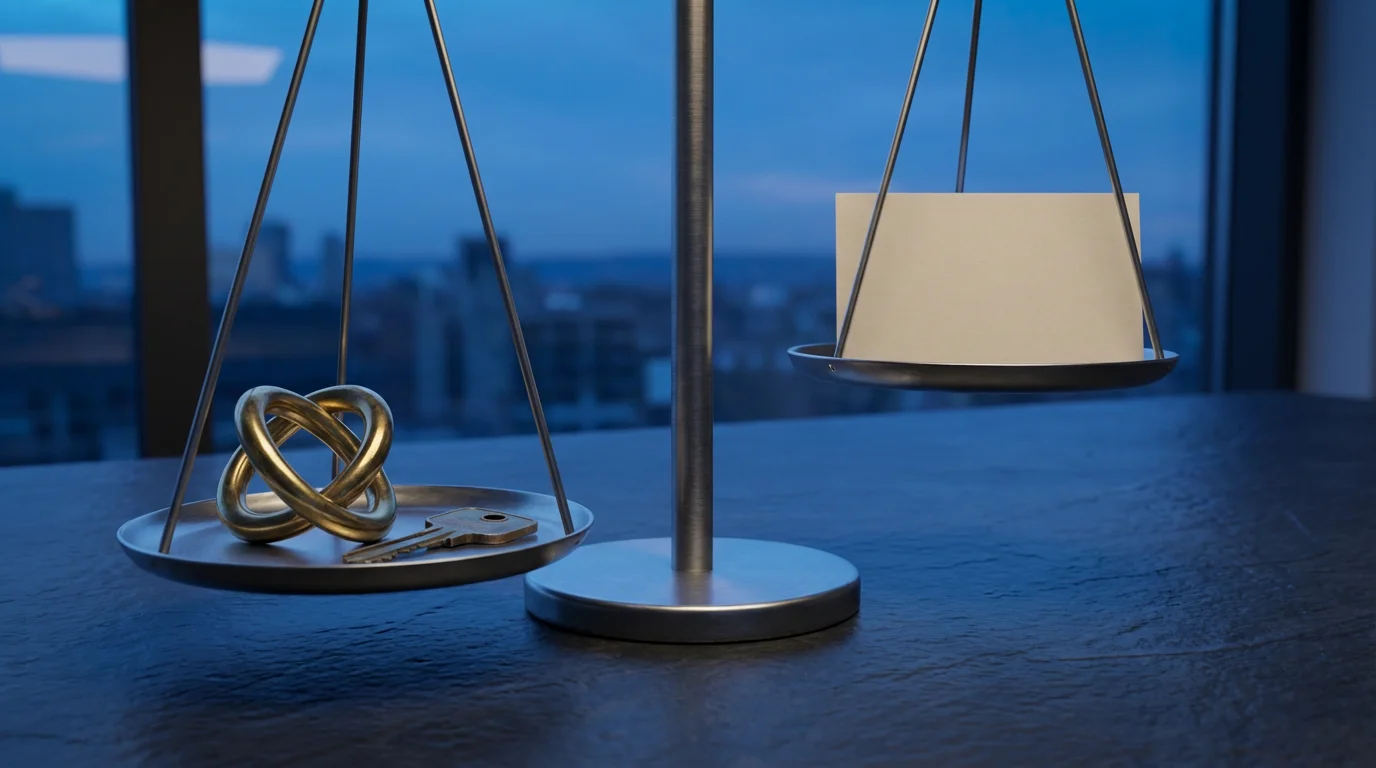 A modern balance scale on a desk during twilight, weighing symbolic assets against liabilities.