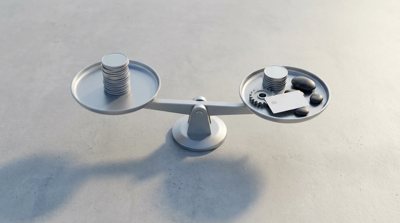 A modern balance scale weighing a single stack of coins against miscellaneous business objects.
