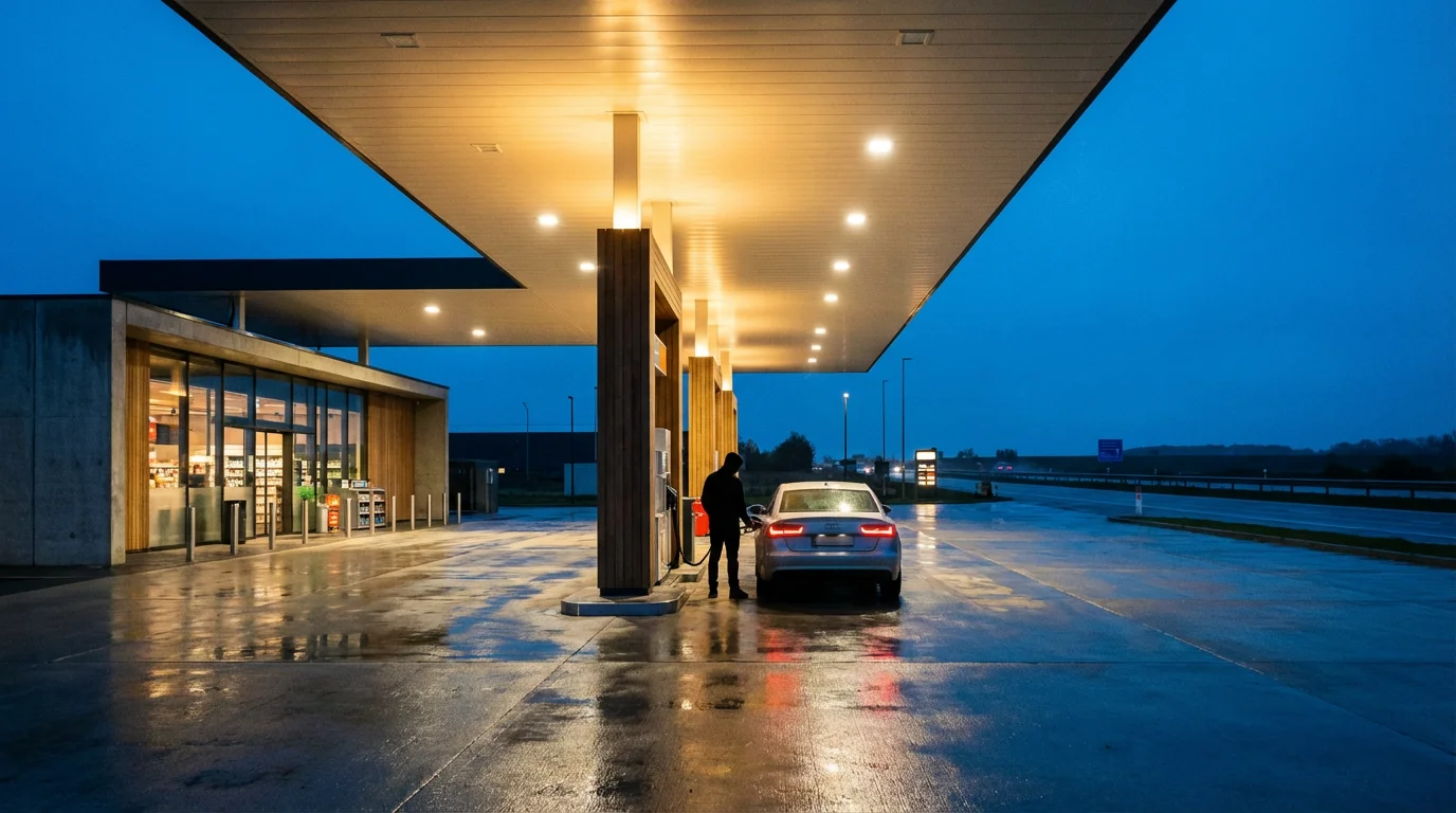 A modern car being refueled at a brightly lit gas station during twilight.