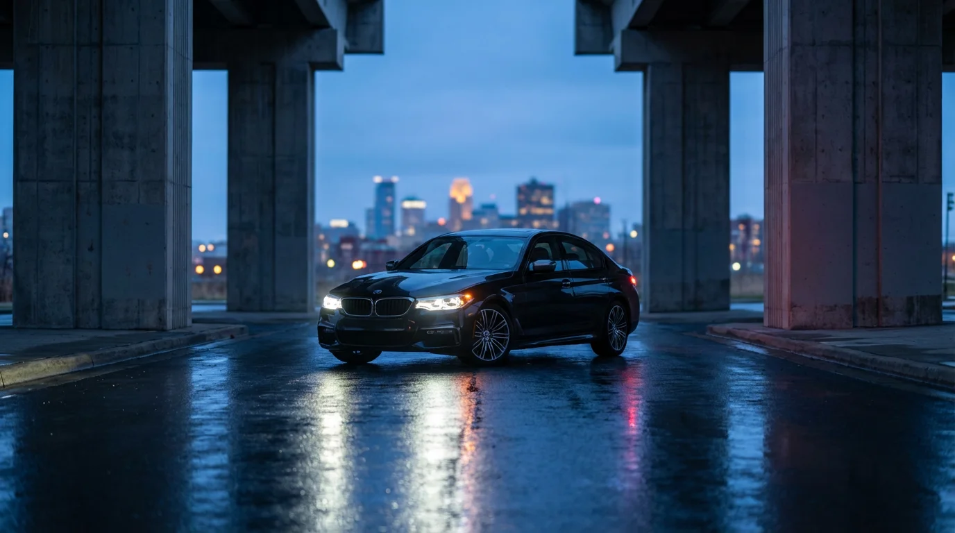 A modern car stopped alone under a city overpass at dusk on wet pavement.