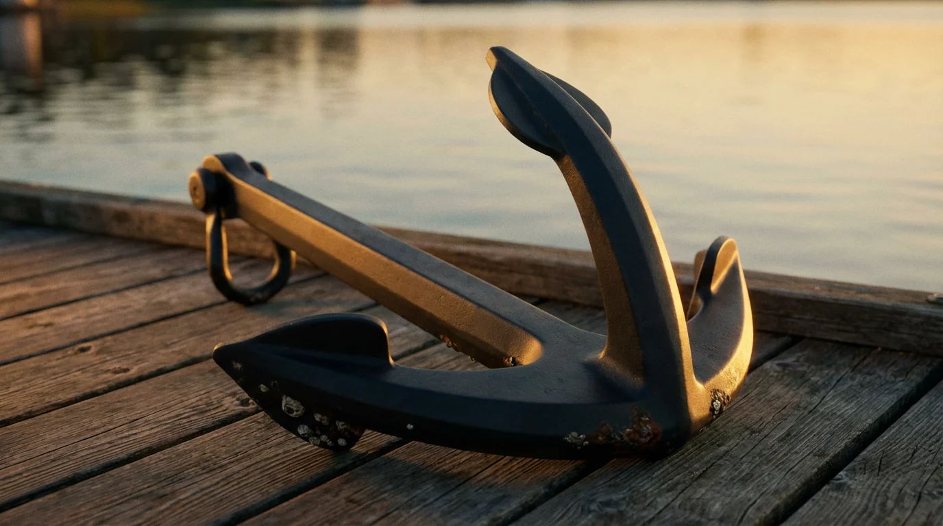 A modern, dark metal anchor rests securely on a wooden pier during a warm sunset.