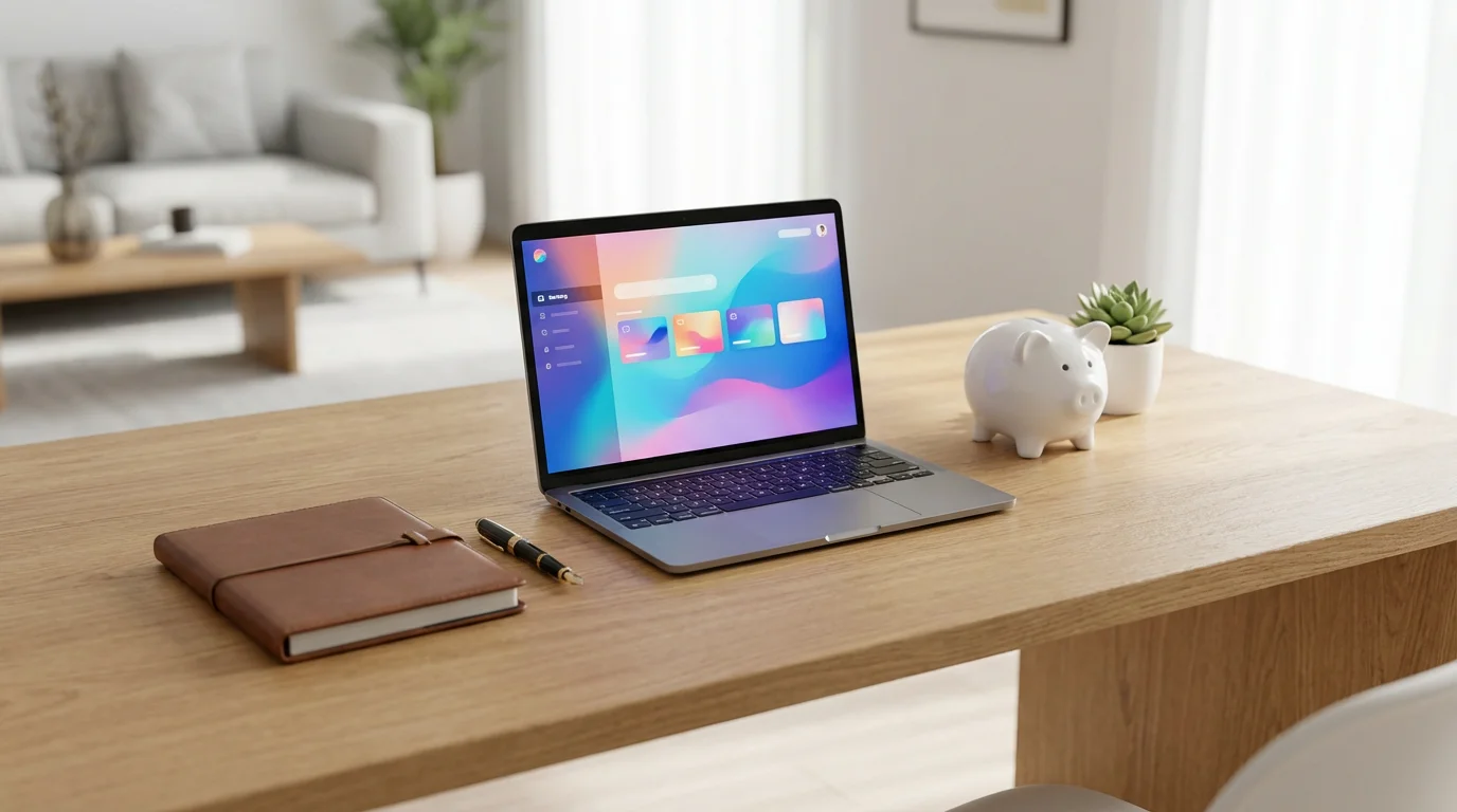 A modern desk with a laptop, ledger, and piggy bank representing financial lifestyle choices.