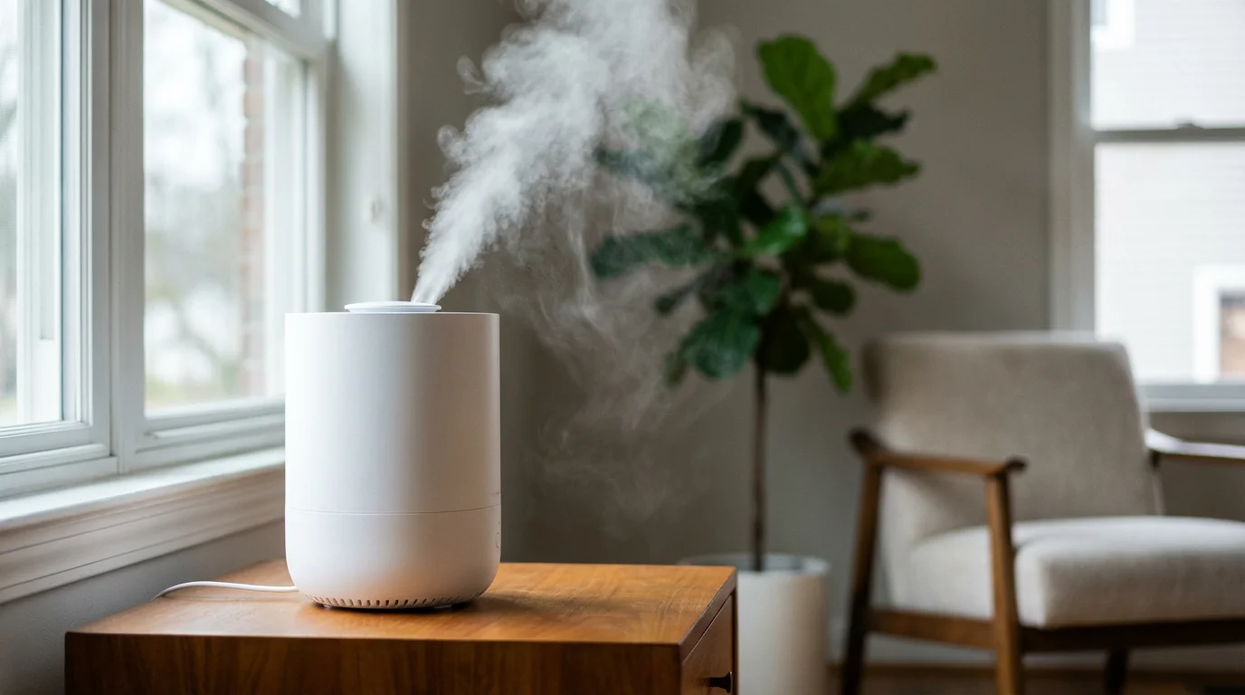 A modern white humidifier releasing a plume of mist in a sunlit living room.