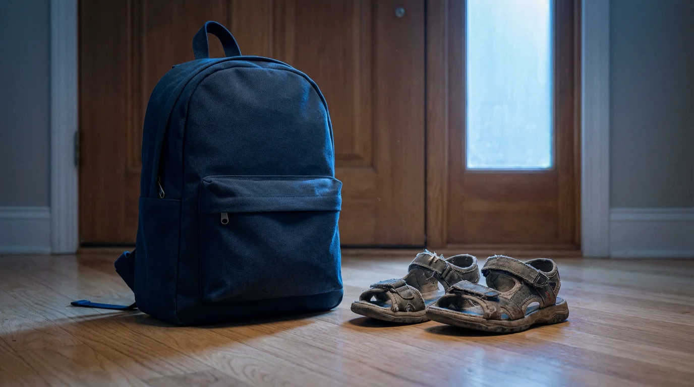 A new school backpack and worn summer sandals on a floor at dusk.