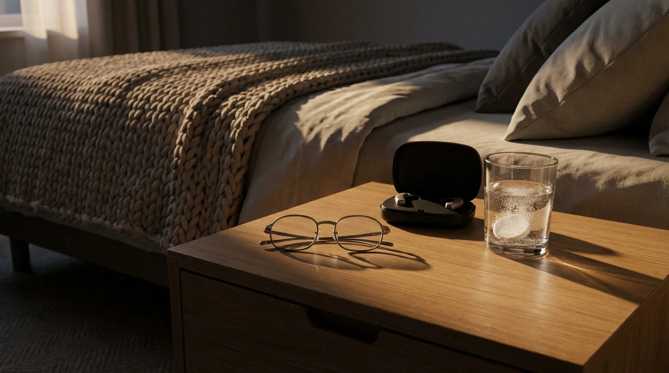 A nightstand with eyeglasses, a hearing aid case, and a glass of water symbolizing uncovered retirement healthcare costs.