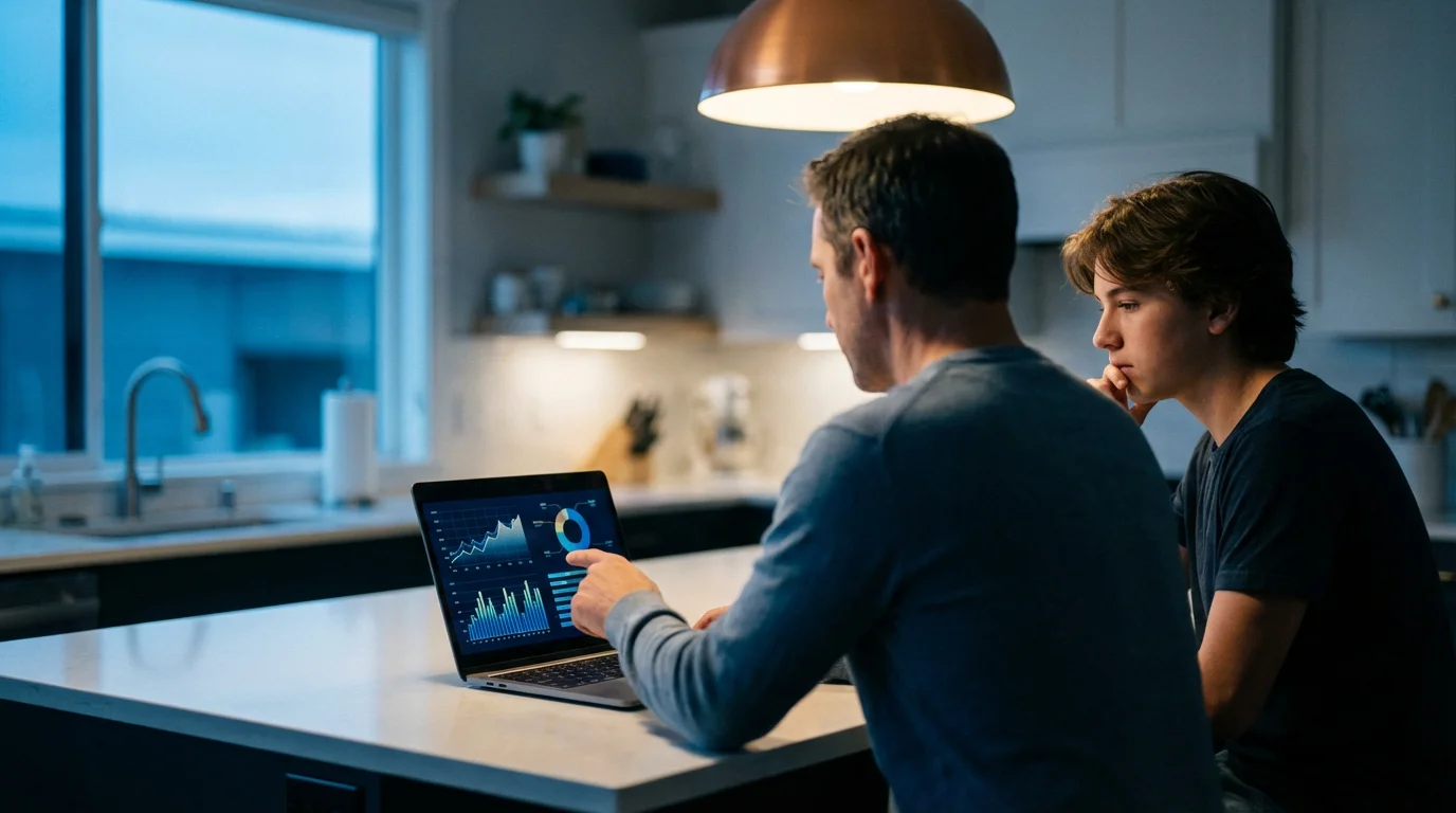 A parent and teenager look at a laptop with financial charts during the evening.
