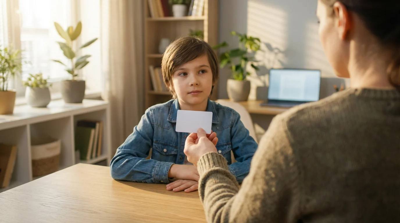 A parent gives a blank debit card to their tween child at a desk.