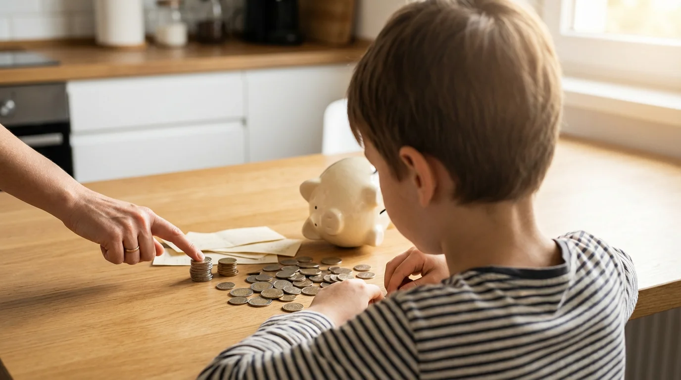 A parent teaches a young child how to count coins from a piggy bank.