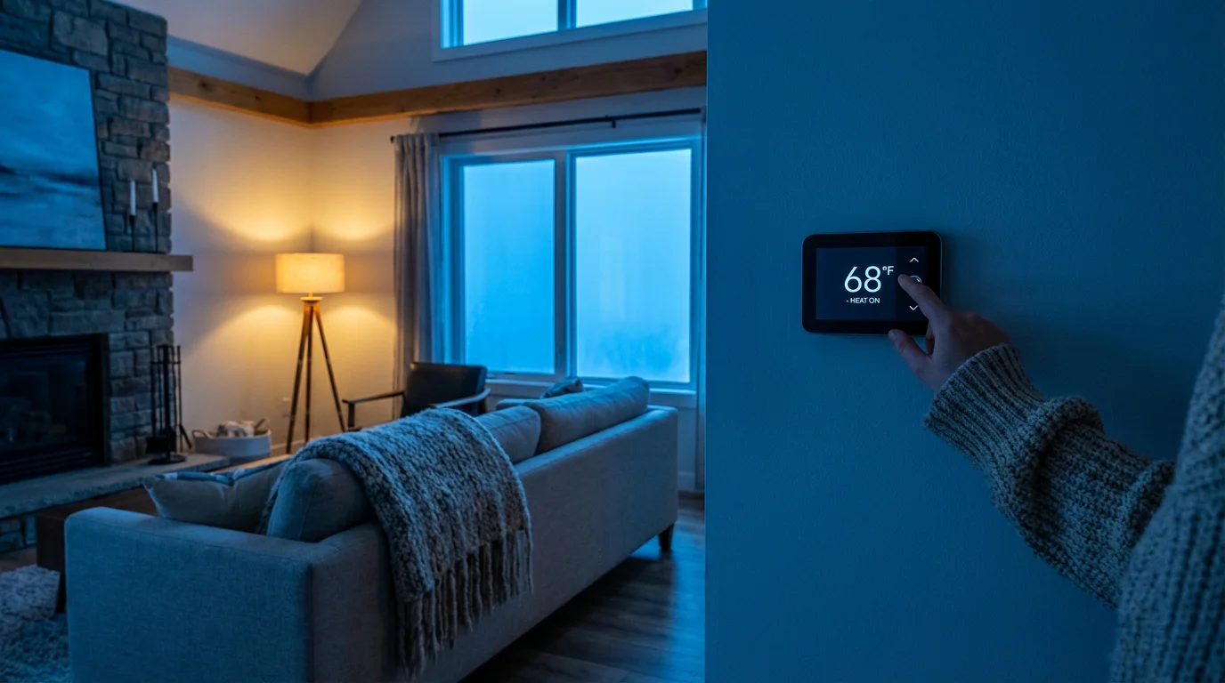 A person adjusting a smart thermostat in a cozy living room at dusk.