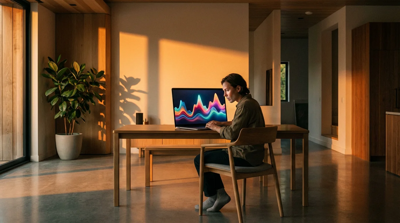A person analyzes a price history chart on a laptop in a sunlit room.