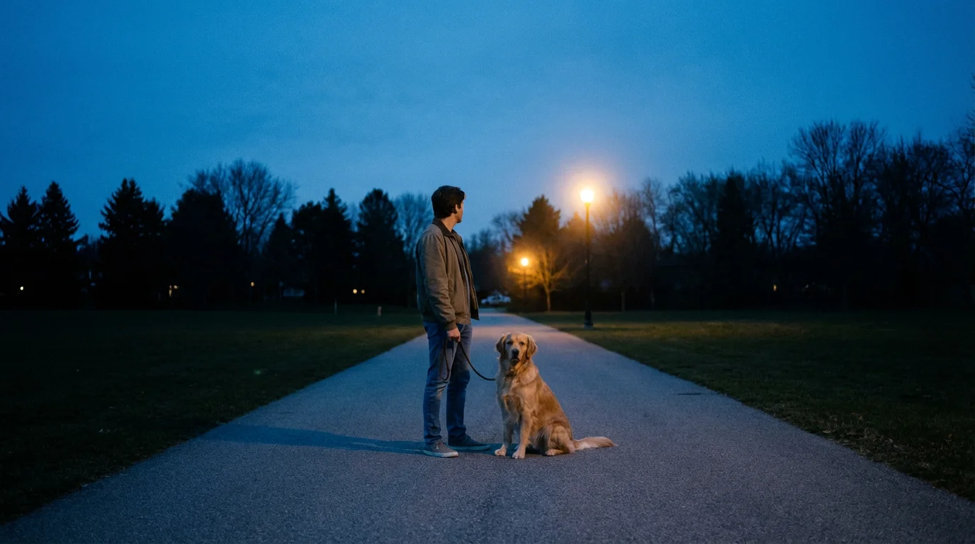 A person and their dog standing on a park path at twilight.