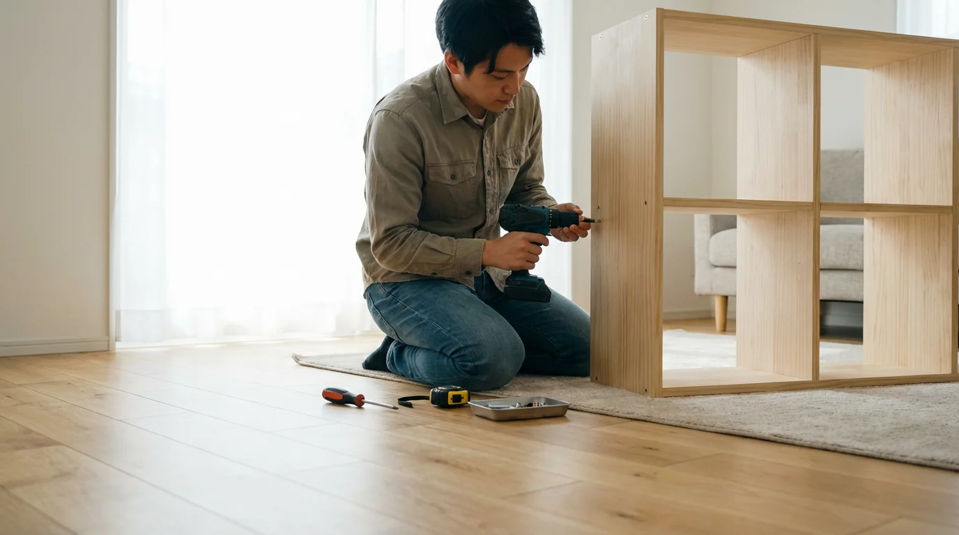 A person assembles a piece of flat-pack furniture with a power drill in a brightly lit room.
