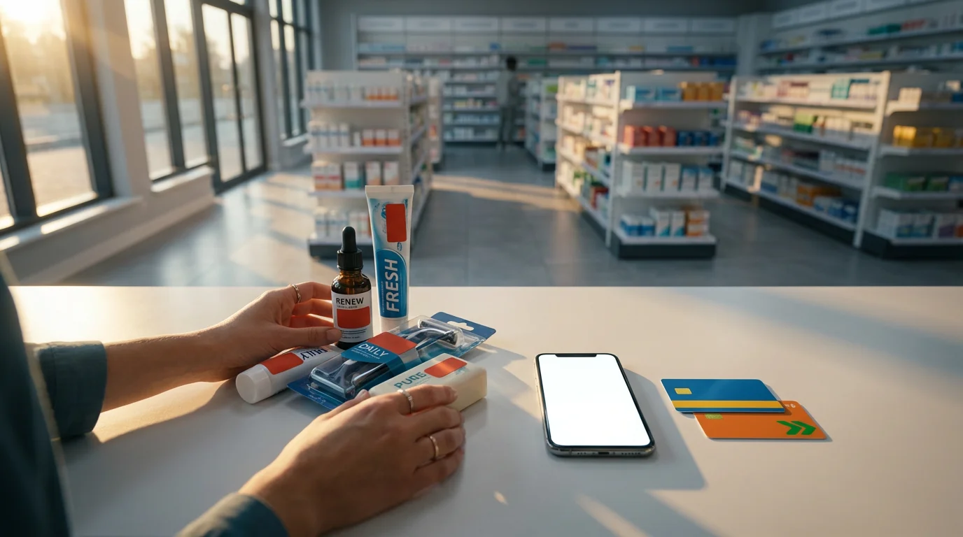 A person at a checkout counter with clearance items, a smartphone, and discount cards.