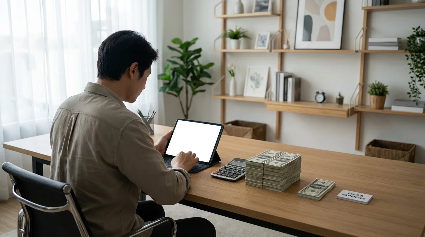 A person at a desk calculating earnings, with stacks of cash representing revenue and fees.