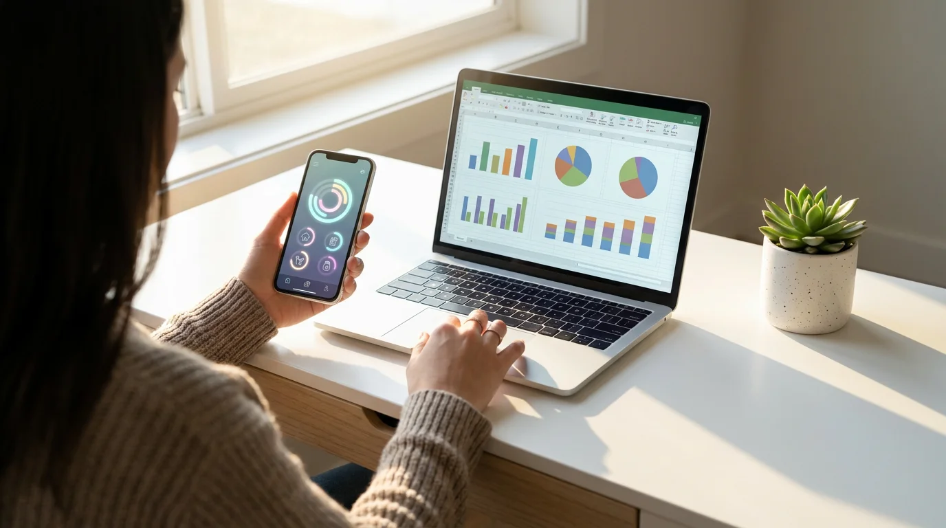 A person at a desk comparing a budgeting spreadsheet on a laptop and an app.
