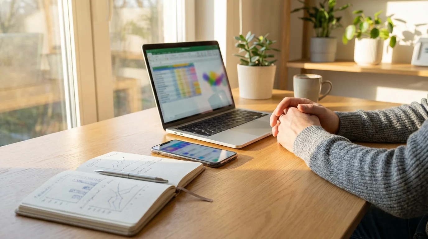 A person at a desk comparing a laptop, smartphone, and paper notebook for budgeting.