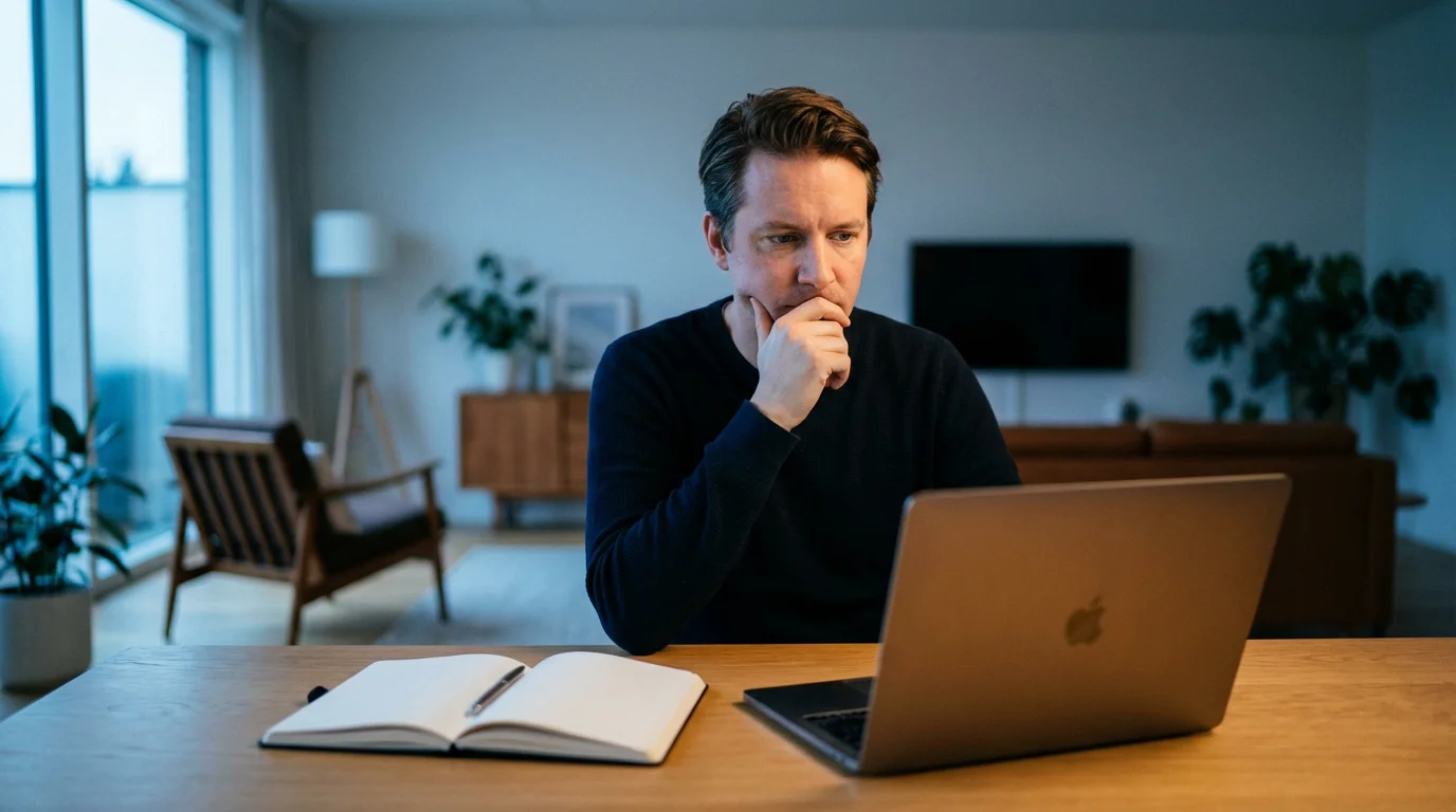 A person at a desk in the evening, reviewing finances on a laptop.