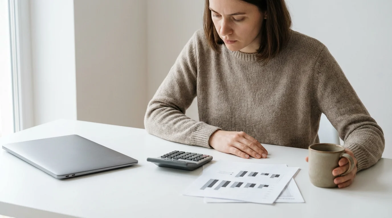 A person at a desk with a calculator and financial papers, considering self-employment taxes.