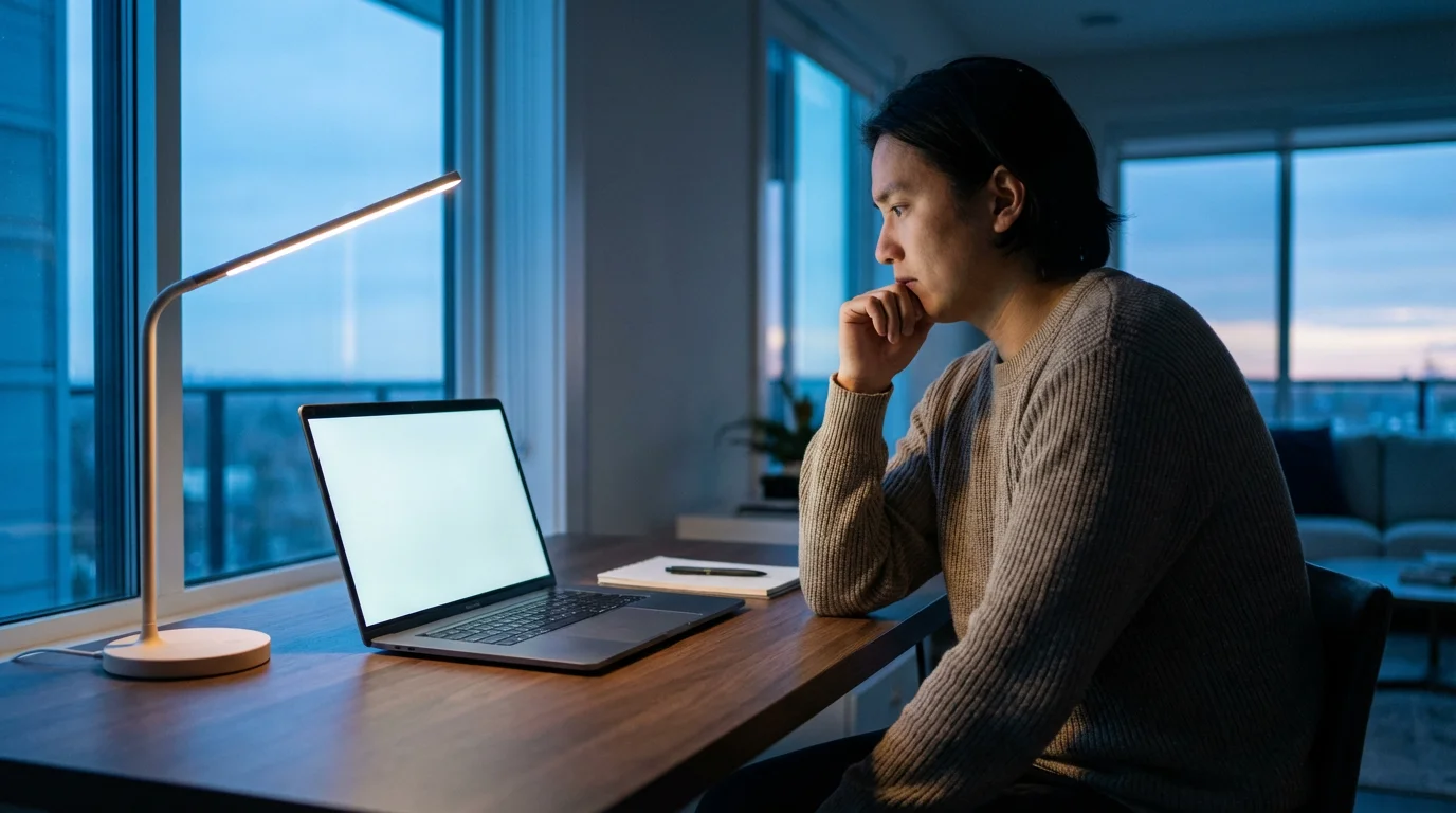 A person at a desk with a laptop, planning their savings strategy during twilight.
