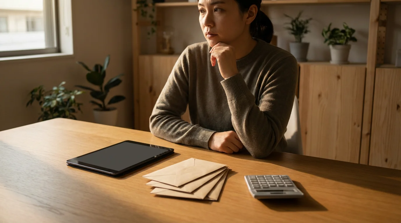 A person at a desk with a tablet and bills, managing household budget finances.