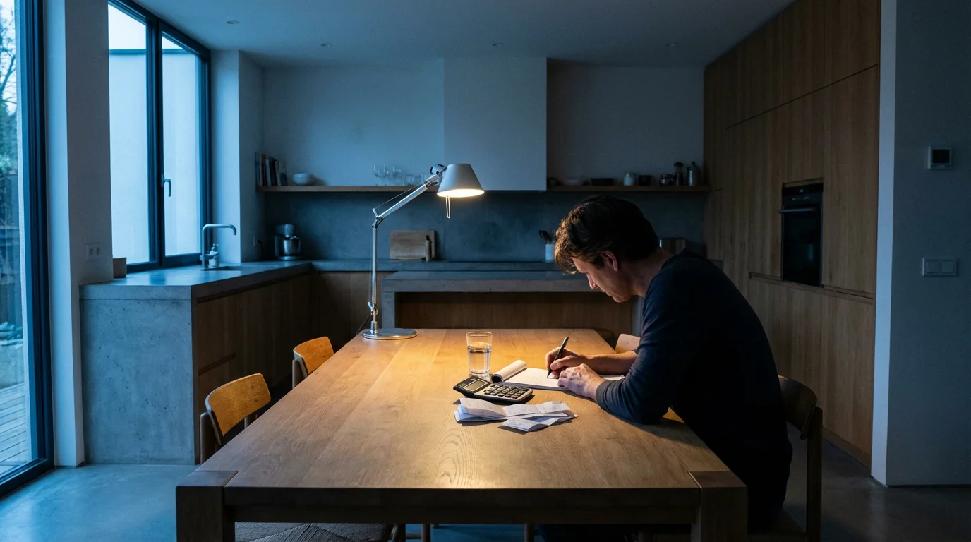 A person at a kitchen table in the evening, carefully managing their personal finances.