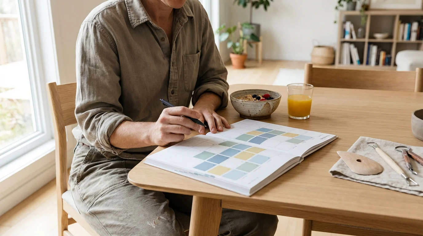 A person at a kitchen table scheduling their creative side hustle in a planner.