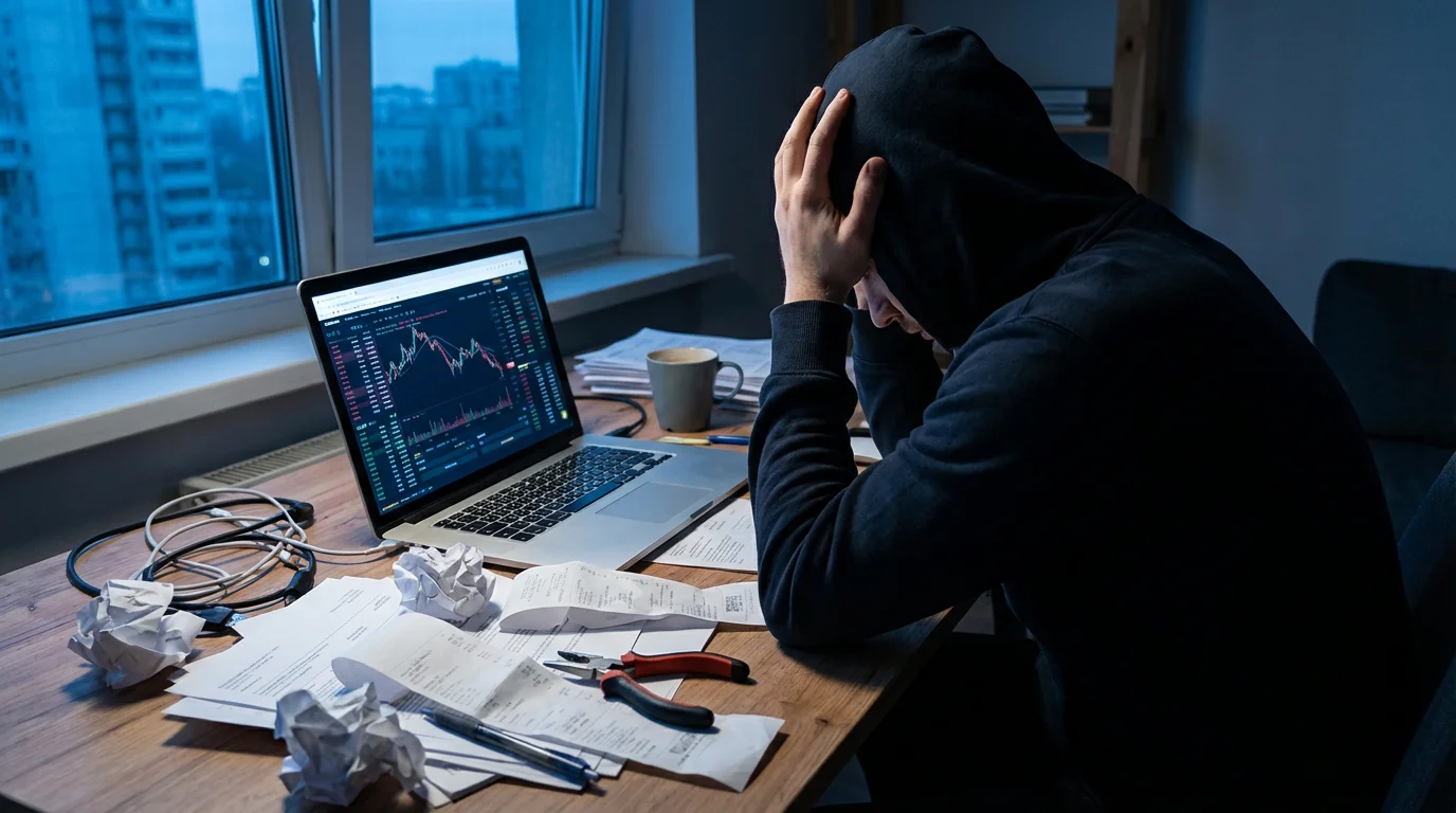 A person at a messy desk late at night, looking stressed at their laptop.