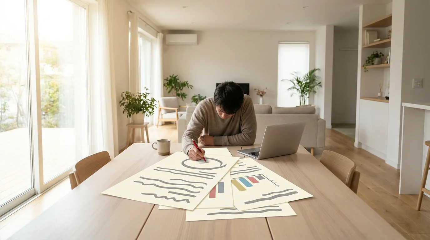 A person at a sunlit table uses a red pen to review generic bank statements.