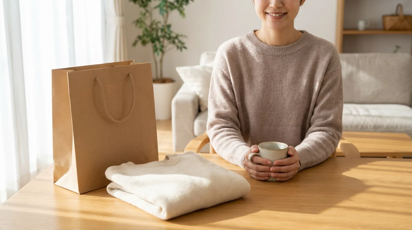 A person at a sunlit table with a shopping bag and a new sweater.