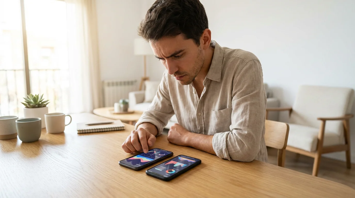 A person at a table carefully compares two smartphones showing different budgeting app interfaces.