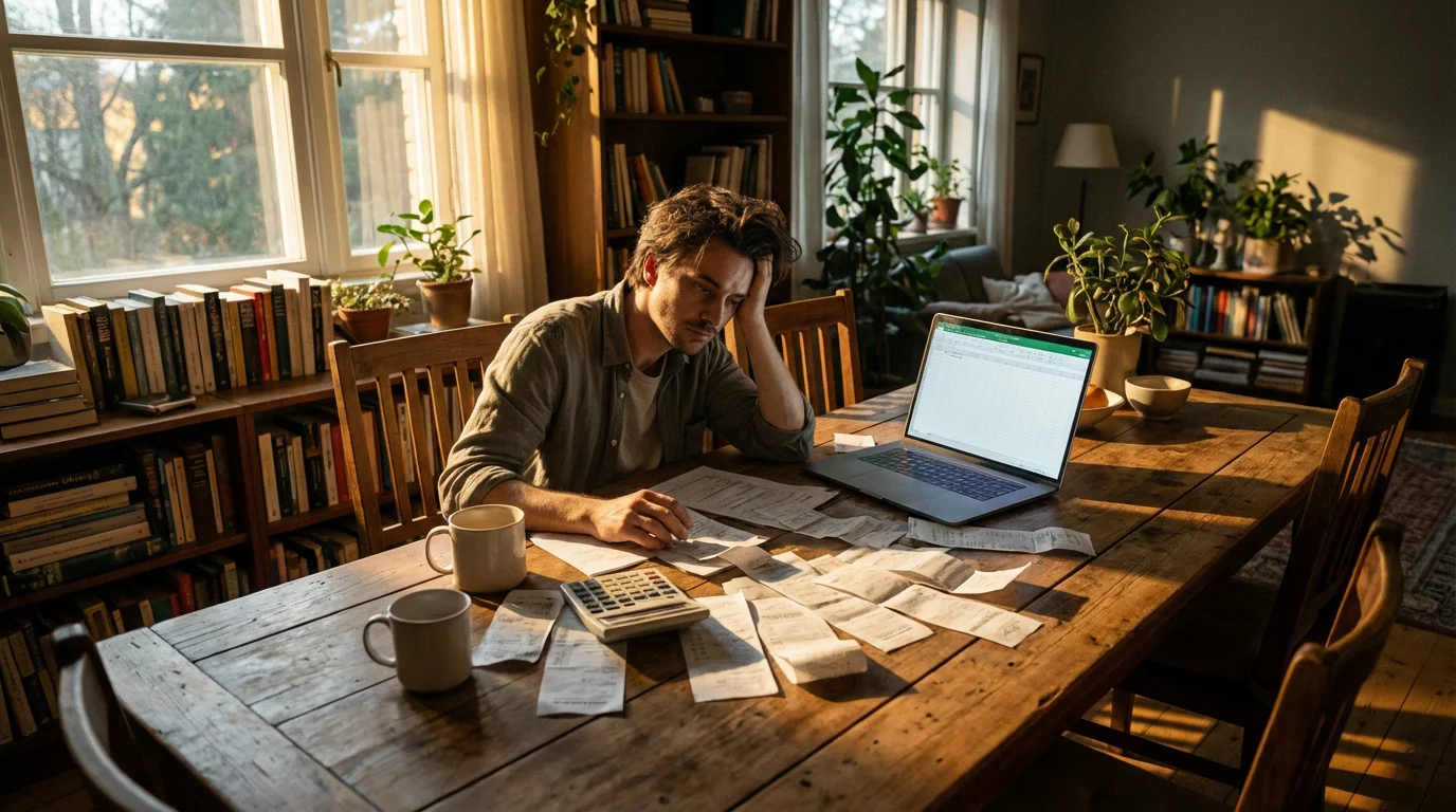 A person at a table covered in receipts and a laptop, auditing their finances.