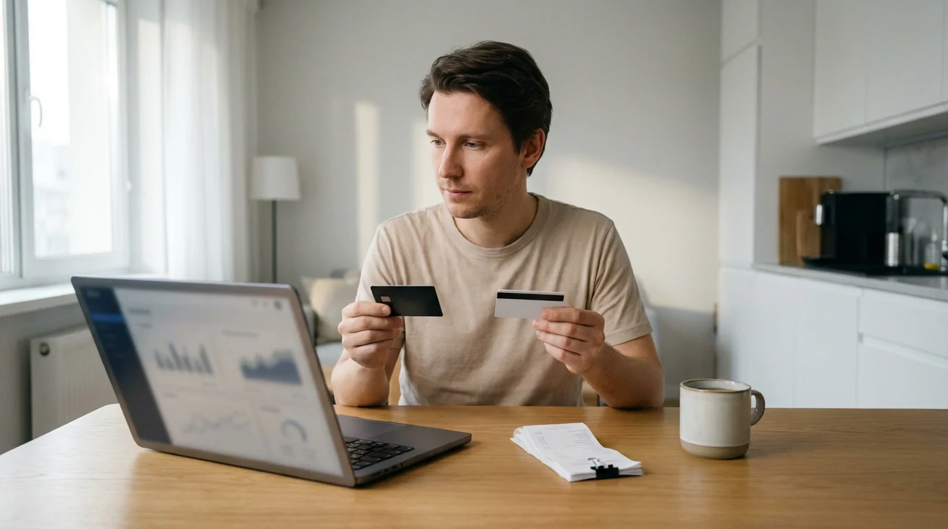 A person at a table with a laptop holding two separate bank cards.