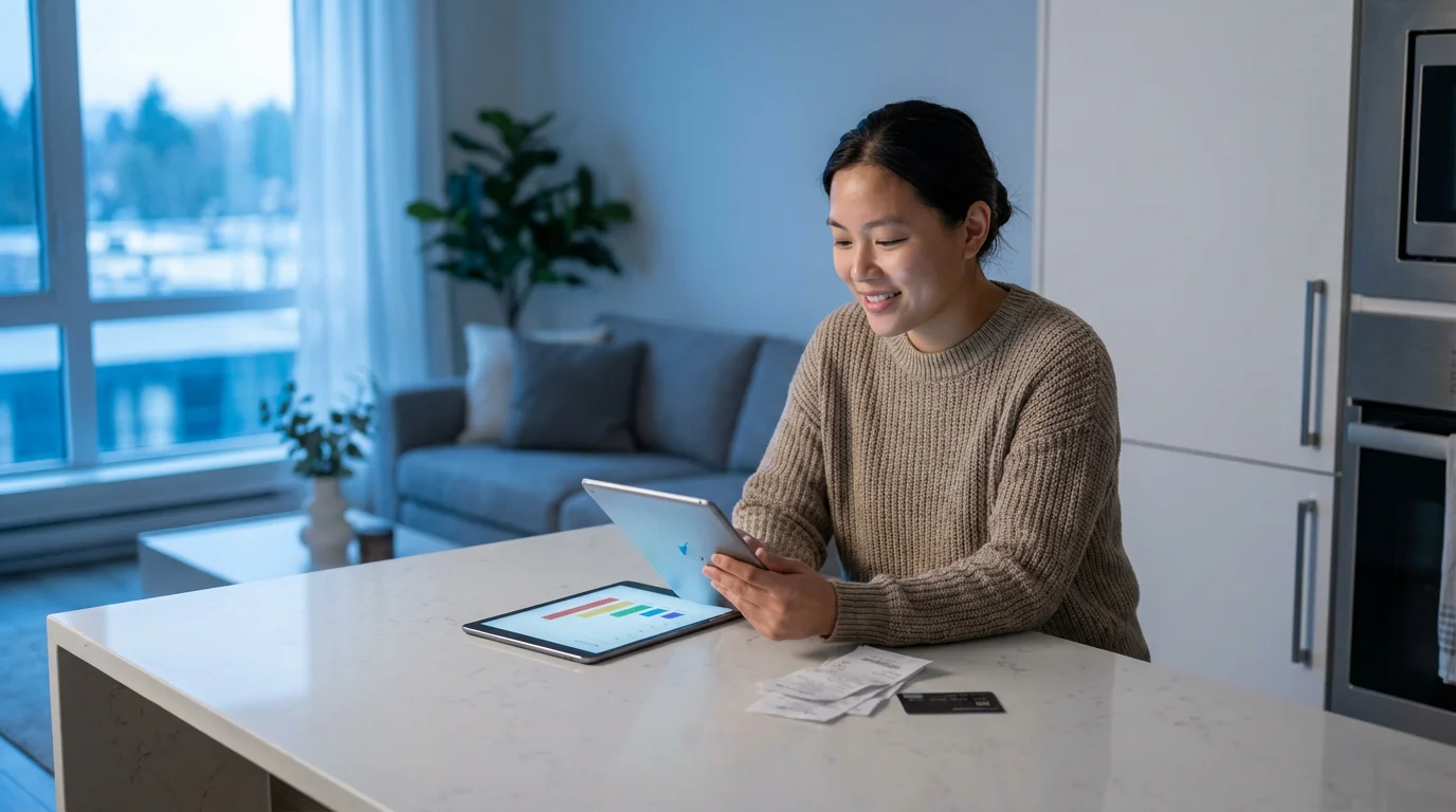 A person calmly reviewing household finances on a tablet during the evening at home.