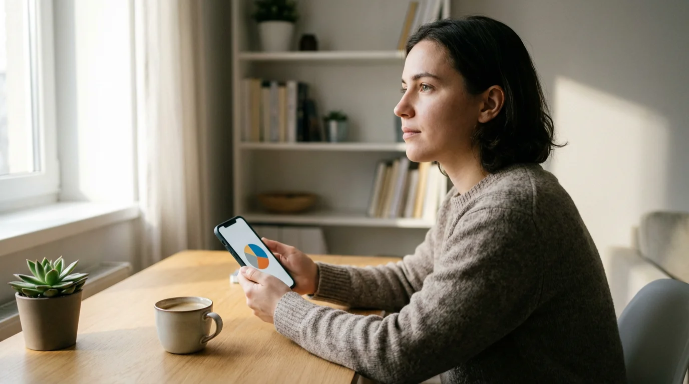 A person calmly reviews a financial chart on their smartphone at a sunlit desk.