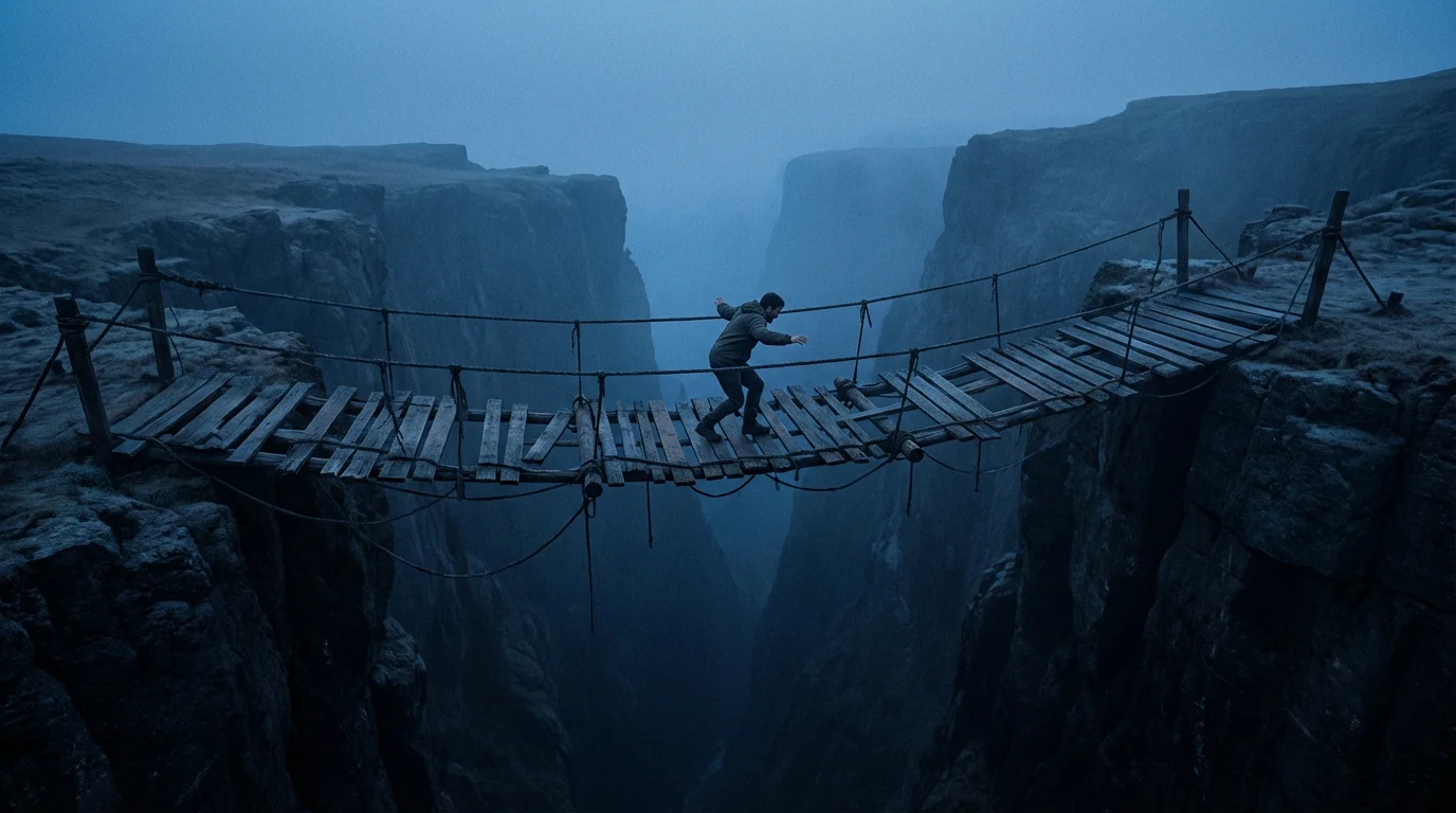A person carefully crossing a dangerous plank bridge between two cliffs at dusk.