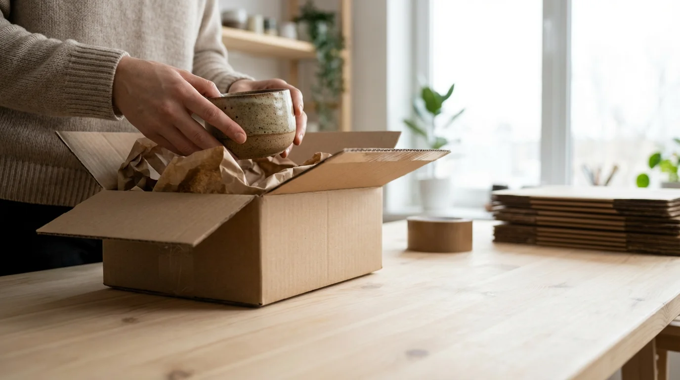 A person carefully packing a handmade product into a shipping box for a side business.