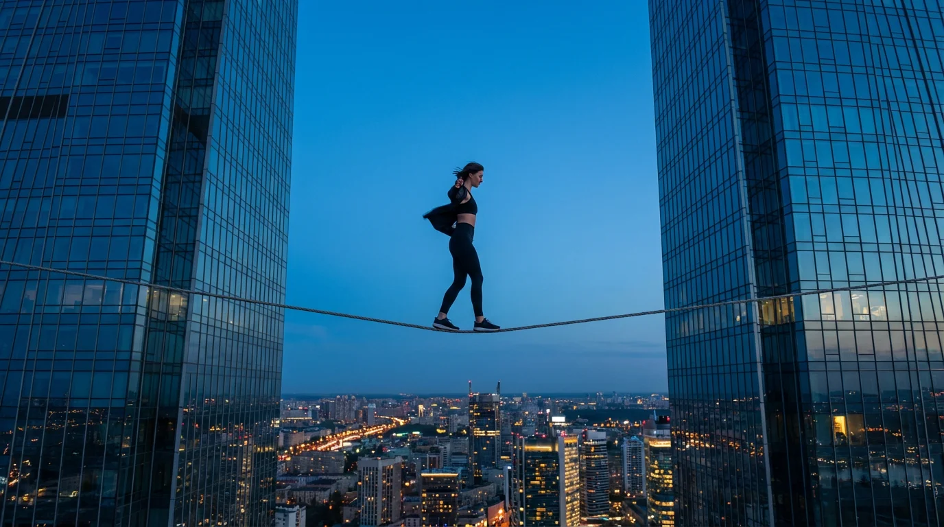 A person carefully walks a tightrope between two city skyscrapers at dusk.