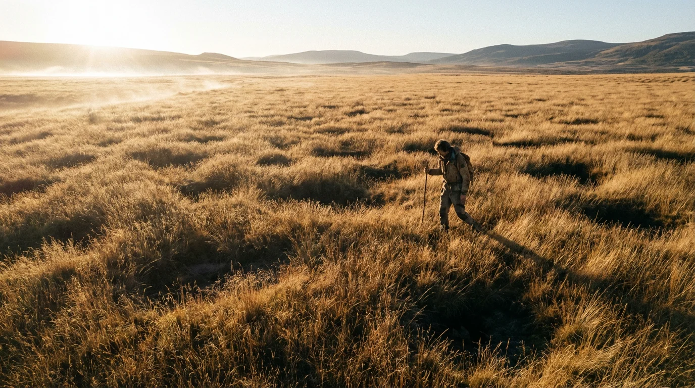 A person carefully walks through a golden field filled with hidden pitfalls at sunrise.