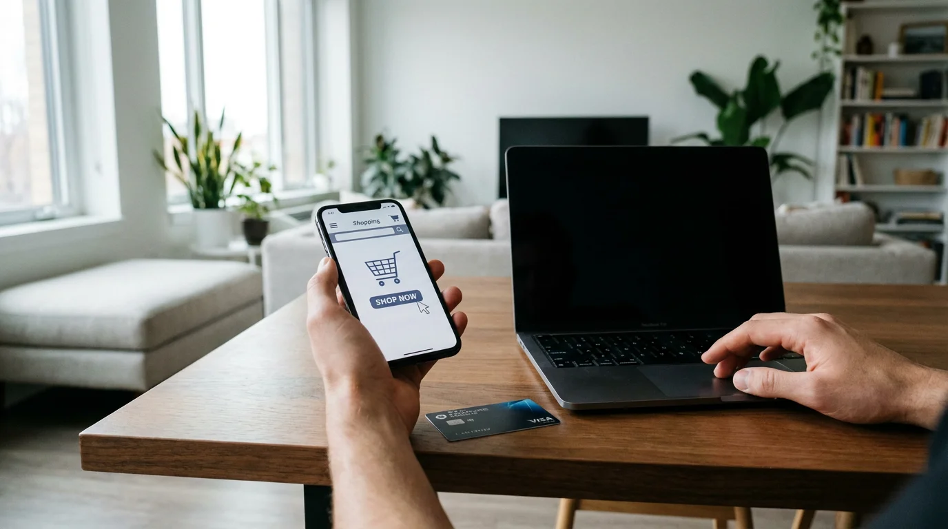 A person comparing deals on a smartphone and a laptop with a credit card nearby.