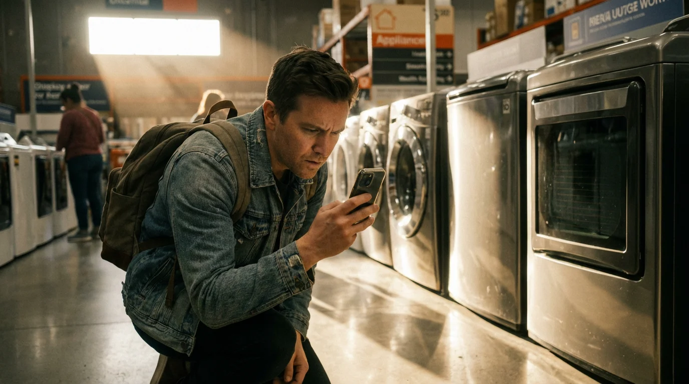 A person from a low angle researches prices on a smartphone in an appliance store.