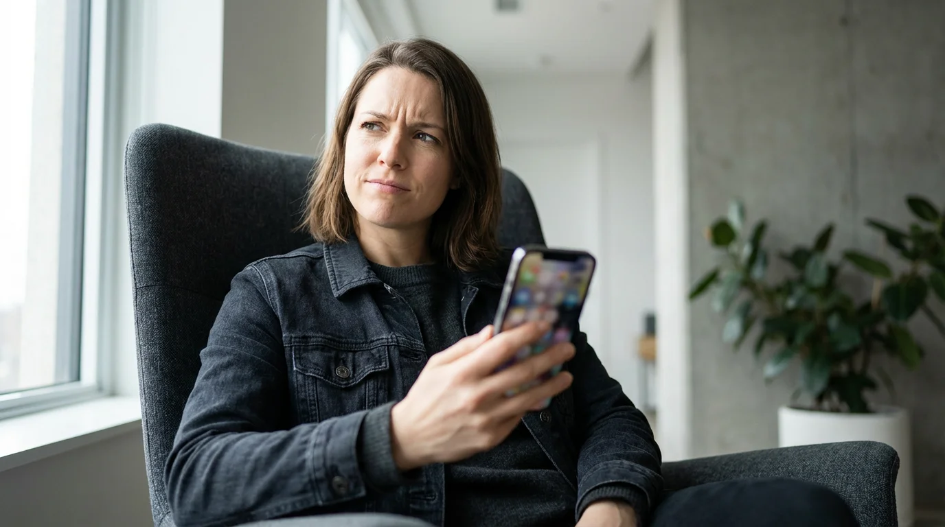 A person from a low angle view looks skeptically at their smartphone screen indoors.