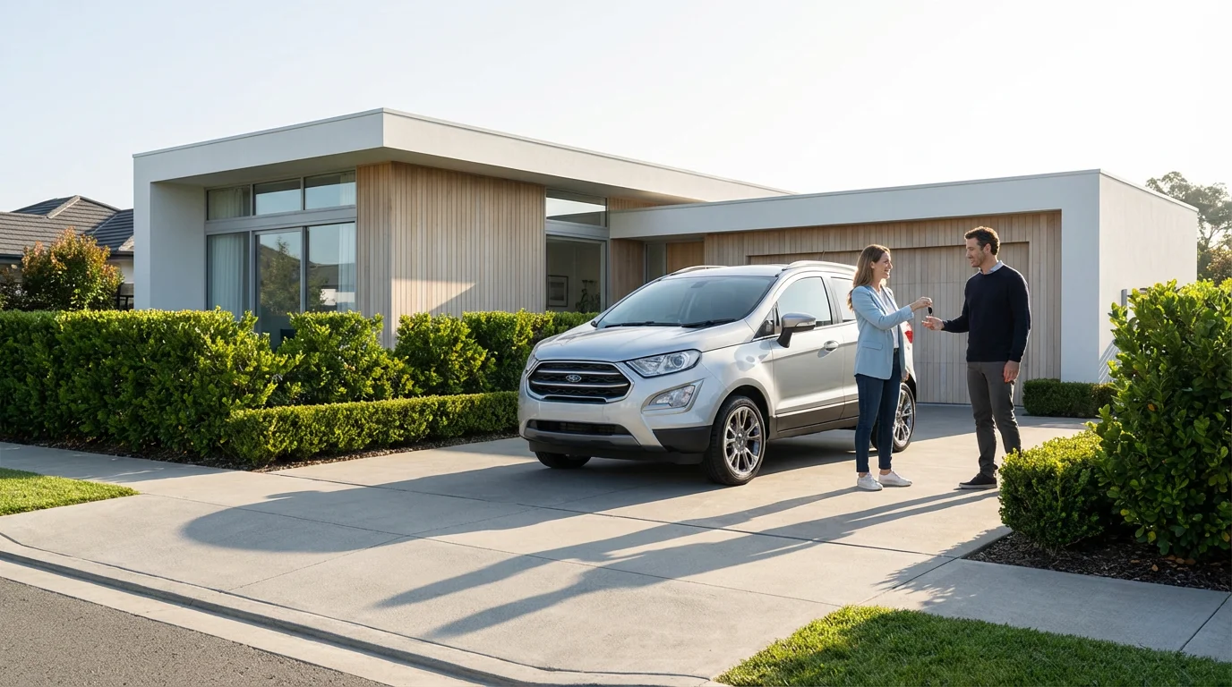 A person hands car keys to someone else in a suburban driveway.