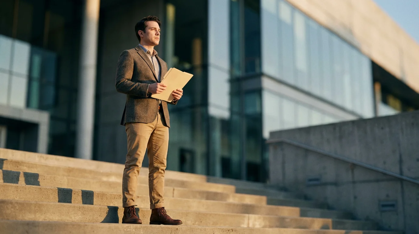 A person holding a folder stands on steps outside a building at golden hour.