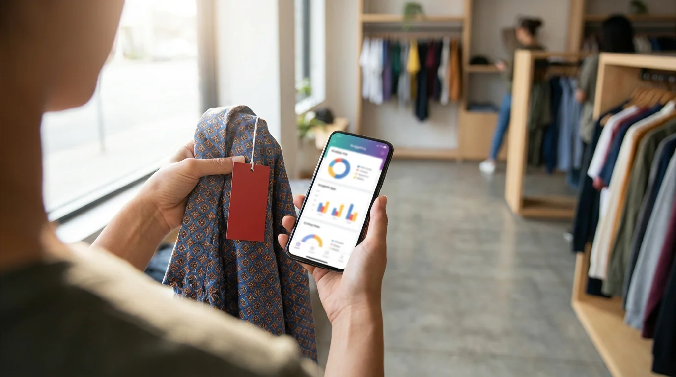 A person holds a clearance shirt in one hand and a phone with a budgeting app in the other.