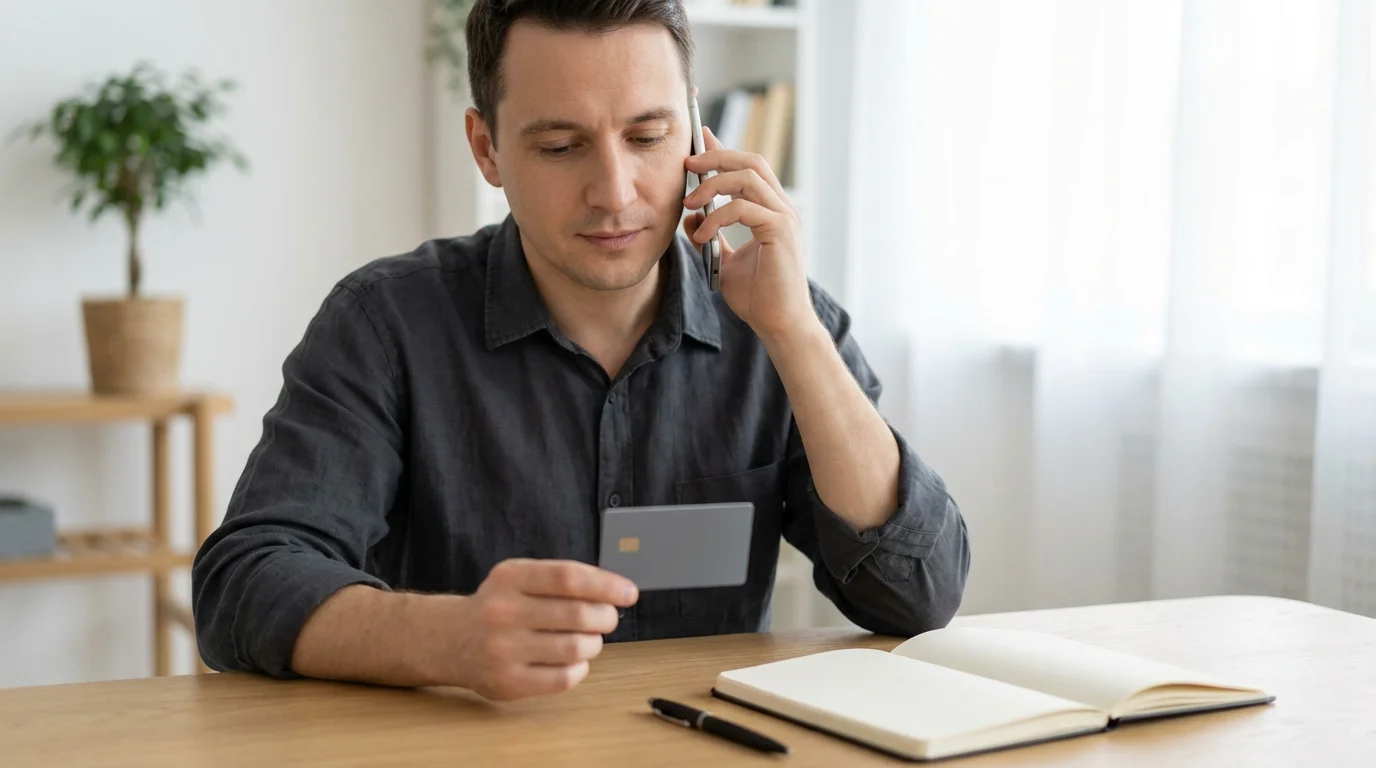 A person holds a generic credit card while on a phone call at a desk.
