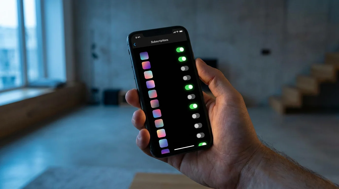 A person holds a smartphone, reviewing a list of generic app subscriptions at dusk.